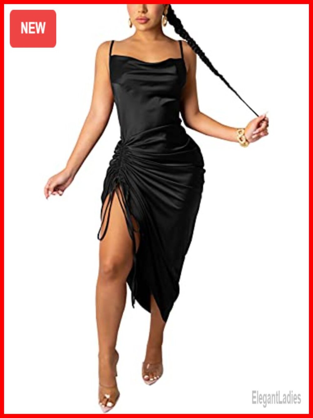 Spaghetti Strap Satin Bodycon Maxi Dress Ruched Drawstring Cocktail Party